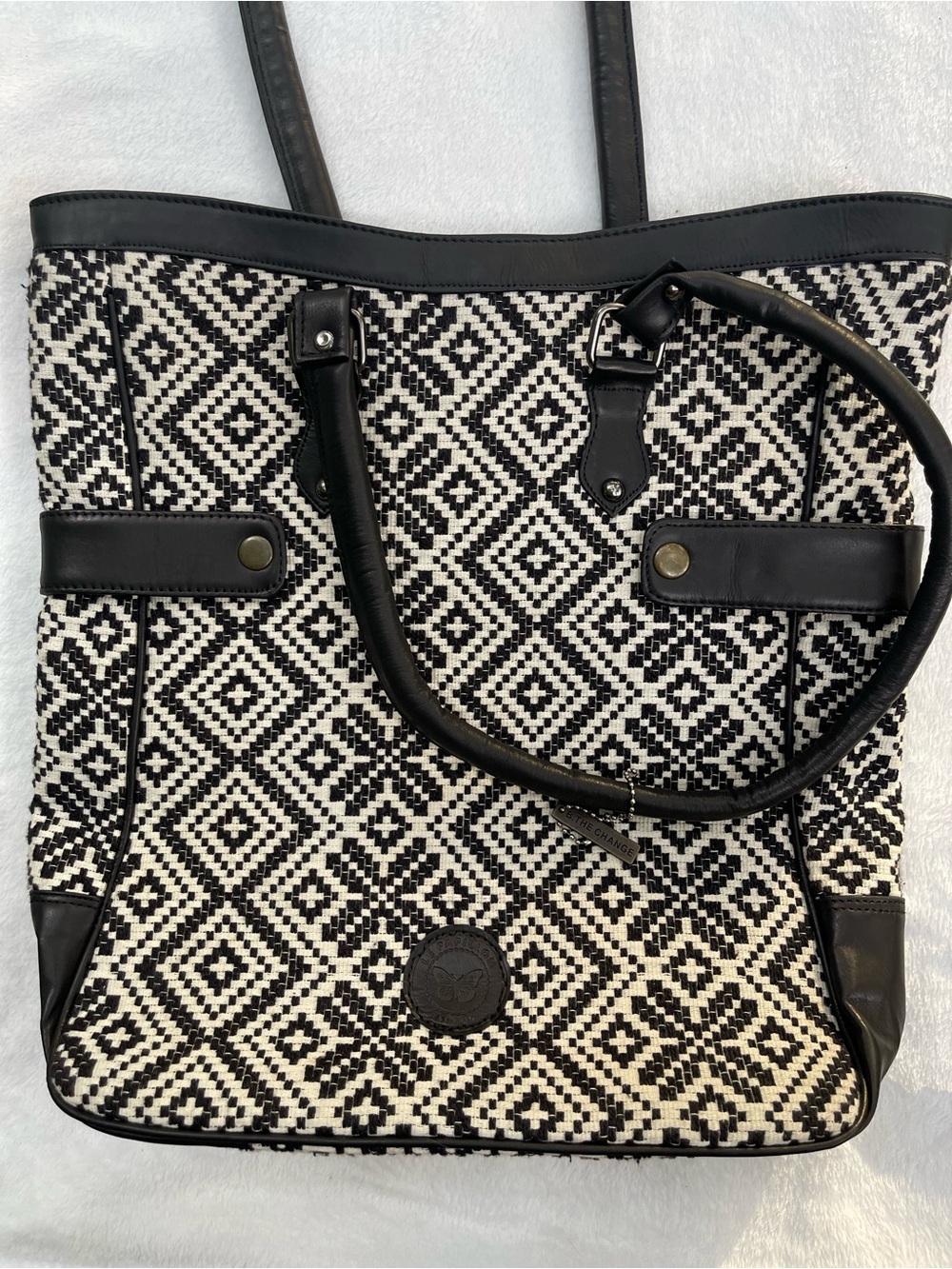 Black & White Diamond-Pattern Tote Bag with Leather Trim